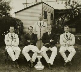 TRC crew in the Stewards&#039; Challenge Cup 1928 posing with trophy