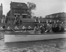Princess Elizabeth and others on board Enchantress, alongside the Polytechnic boathouse