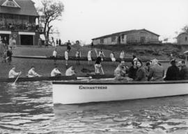 Princess Elizabeth and others on board Enchantress, alongside the Polytechnic boathouse